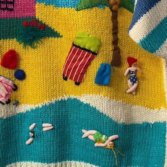Vintage 80s 3D Hand-Knit Beach Scene Sweater โ Whimsical Summer Coastal Kitsch - Picture 4 of 11